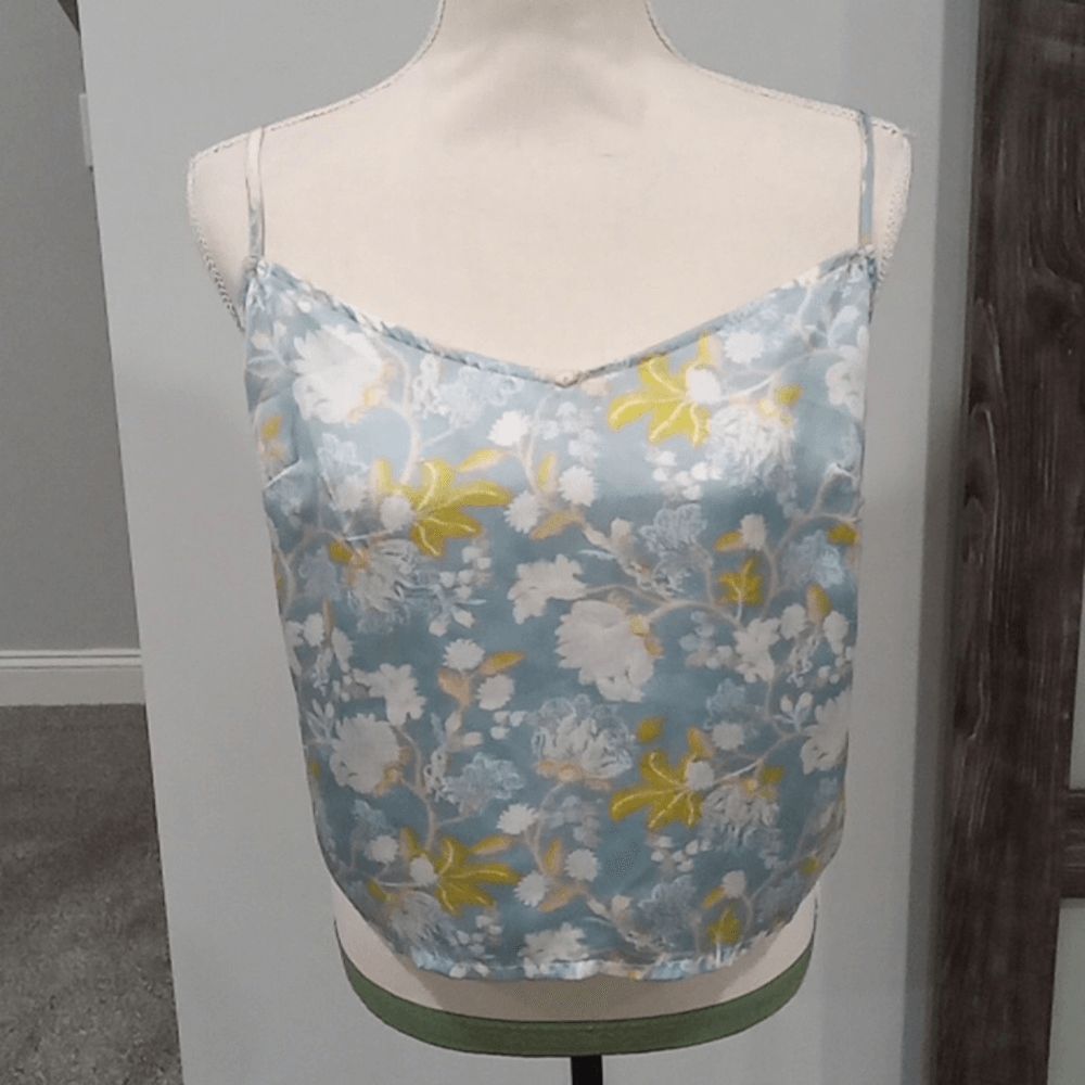 Urban Outfitter Floral Blue Cream & Yellow Silk Cami W Adjustable Straps Size M